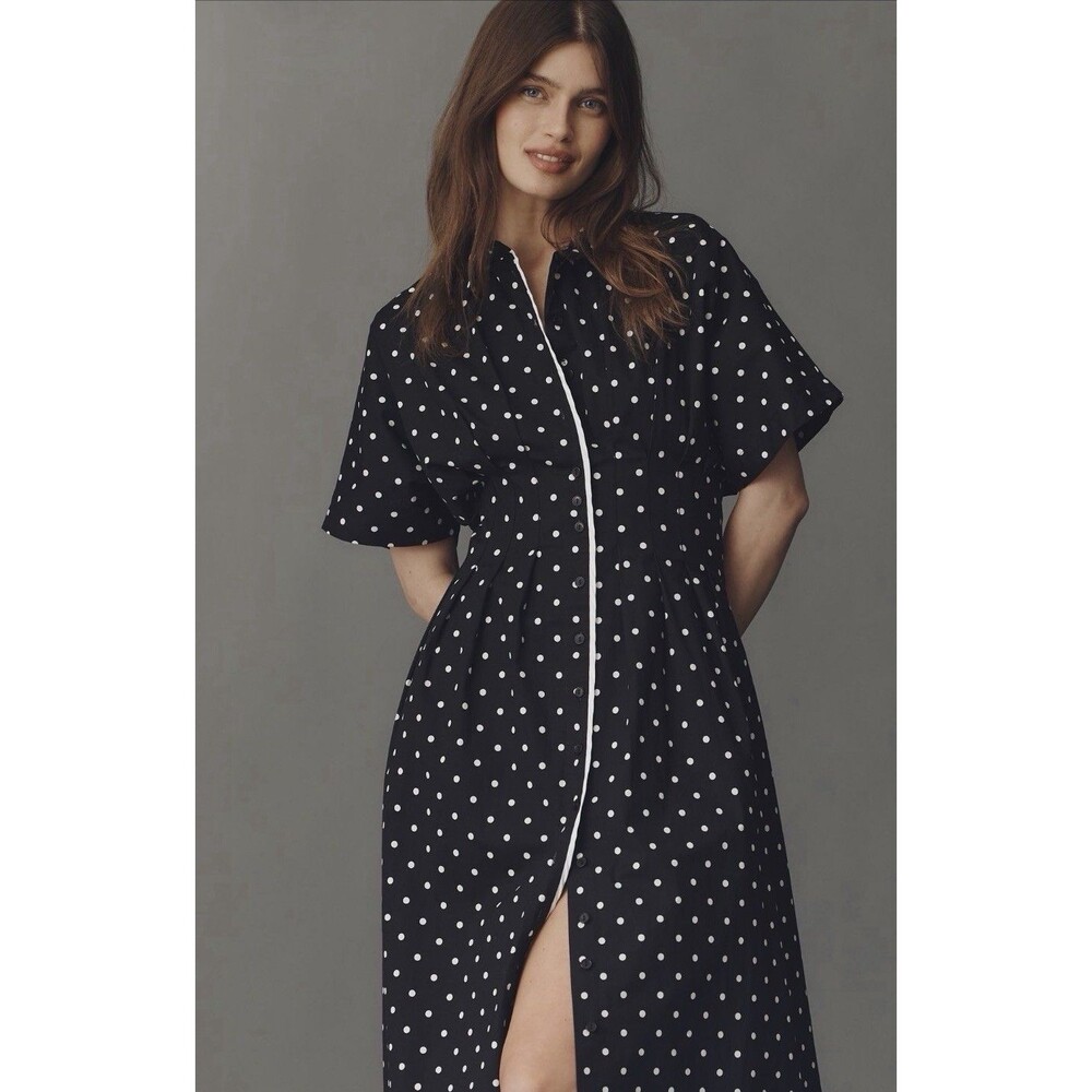 Exquise Anthropologie Midi Shirt Dress Tobie Polka Dot Preppy Retro Size XS NWT